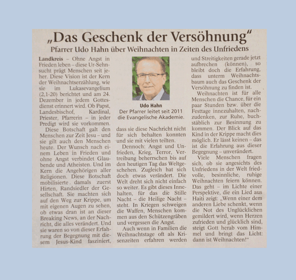 Bild Das Geschenk der Versöhnung. Weihnachtskolumne von Akademiedirektor Udo Hahn im „Starnberger Merkur“.