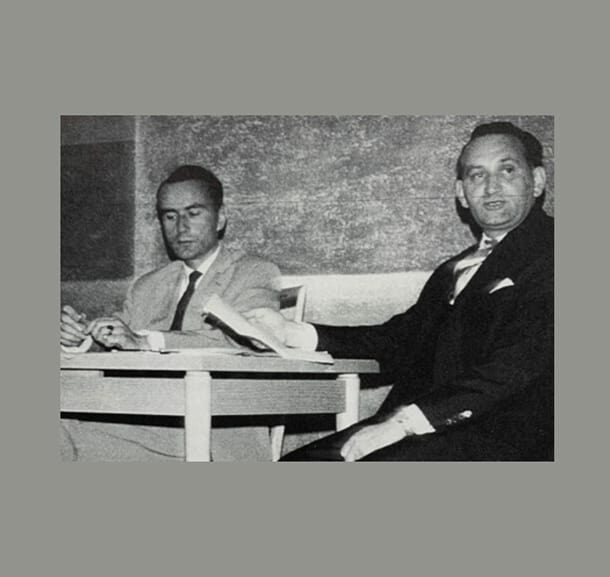 Egon Bahr und Matthias Walden 1963 in der EVangelischen Akademie Tutzing