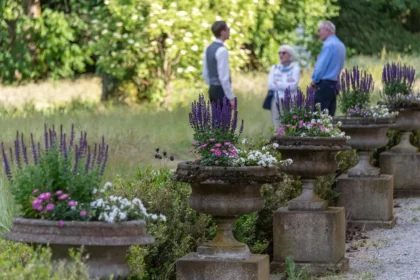 Ein älteres Paar unterhält sich mit einem jungen Mann im Park