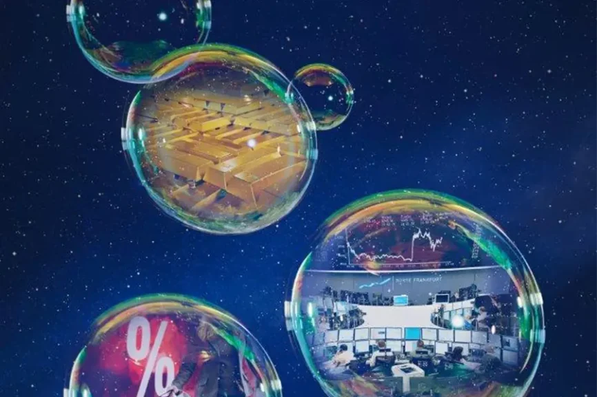 Seifenblasen mit Bilder der Börse, Goldbarren,…